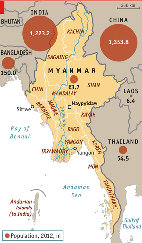 Population of Countries bordering Myanmar 2012